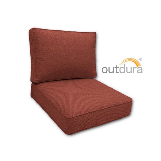 Boxed double-piped deep seating patio chair cushion set – includes seat and back cushion. Fully customizable for a perfect fit. Choose your exact dimensions from over 500 premium Outdura fabrics.