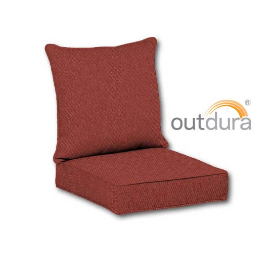 Boxed double-piped deep seating patio chair cushion set – includes seat and back cushion. Fully customizable for a perfect fit. Choose your exact dimensions from over 500 premium Outdura fabrics.