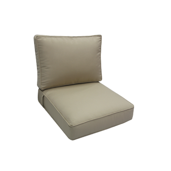 Boxed double-piped deep seating patio chair cushion set – includes seat and back cushion. Fully customizable for a perfect fit. Choose your exact dimensions from over 500 premium Sunbrella fabrics.