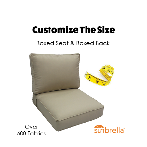 Boxed double-piped deep seating patio chair cushion set – includes seat and back cushion. Fully customizable for a perfect fit. Choose your exact dimensions from over 500 premium Sunbrella fabrics.
