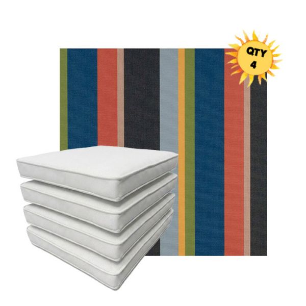 Bundle of 4 Boxed Double Piped Patio Dining Chair Cushions with Ties in Sunbrella Fabric