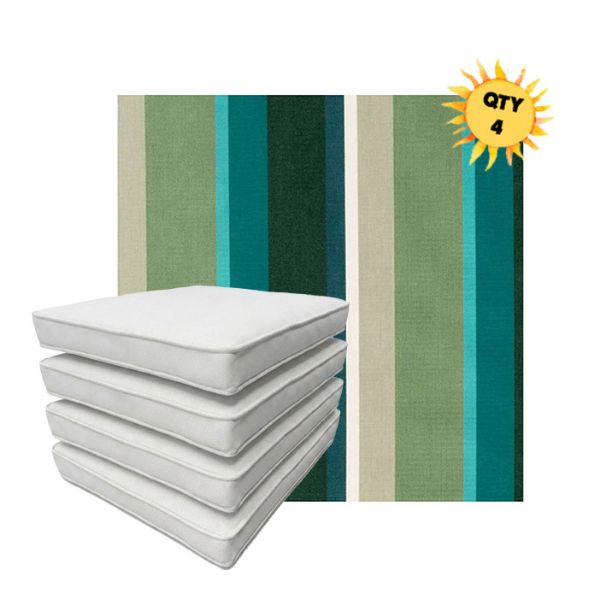 Bundle of 4 Boxed Double Piped Patio Dining Chair Cushions with Ties in Sunbrella Fabric