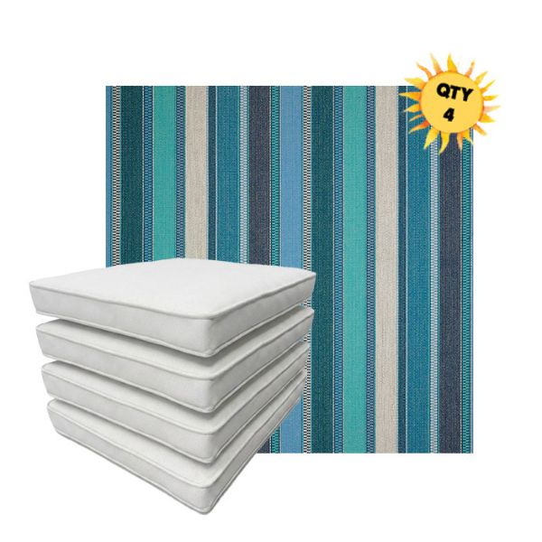Bundle of 4 Boxed Double Piped Patio Dining Chair Cushions with Ties in Sunbrella Fabric