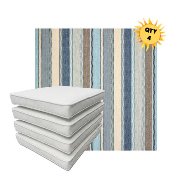 Bundle of 4 Boxed Double Piped Patio Dining Chair Cushions with Ties in Sunbrella Fabric