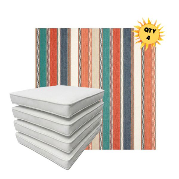 Bundle of 4 Boxed Double Piped Patio Dining Chair Cushions with Ties in Sunbrella Fabric