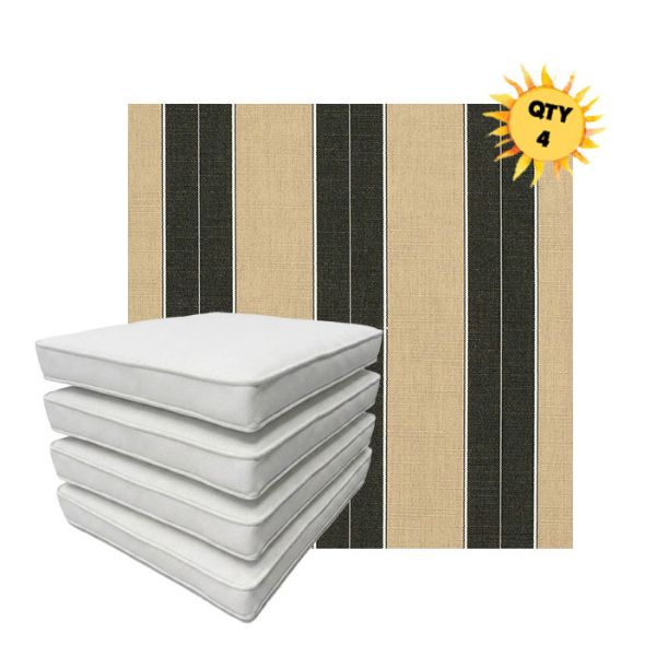Bundle of 4 Boxed Double Piped Patio Dining Chair Cushions with Ties in Sunbrella Fabric