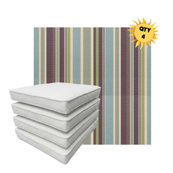 Bundle of 4 Boxed Double Piped Patio Dining Chair Cushions with Ties in Sunbrella Fabric