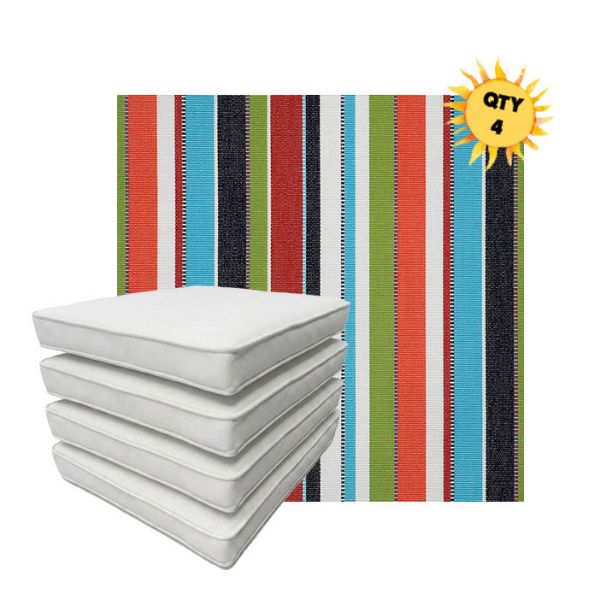 Bundle of 4 Boxed Double Piped Patio Dining Chair Cushions with Ties in Sunbrella Fabric