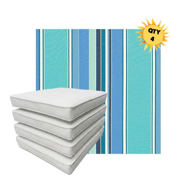 Bundle of 4 Boxed Double Piped Patio Dining Chair Cushions with Ties in Sunbrella Fabric