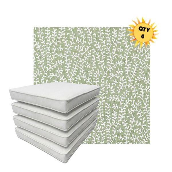 Bundle of 4 Boxed Double Piped Patio Dining Chair Cushions with Ties in Sunbrella Fabric