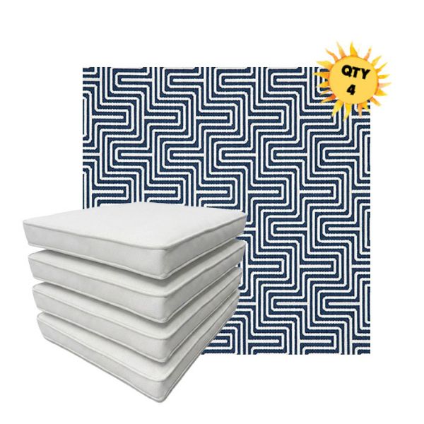 Bundle of 4 Boxed Double Piped Patio Dining Chair Cushions with Ties in Sunbrella Fabric