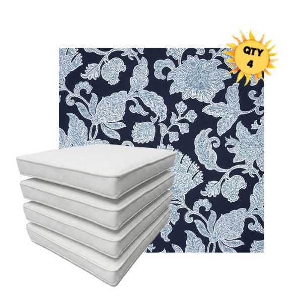 Bundle of 4 Boxed Double Piped Patio Dining Chair Cushions with Ties in Sunbrella Fabric