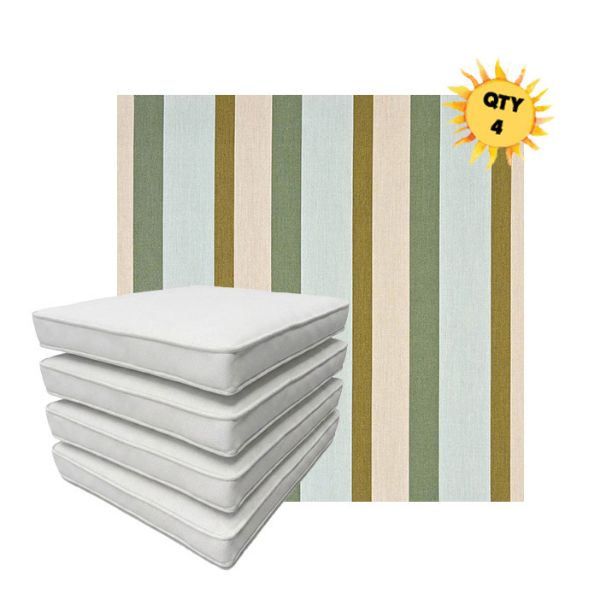 Bundle of 4 Boxed Double Piped Patio Dining Chair Cushions with Ties in Sunbrella Fabric