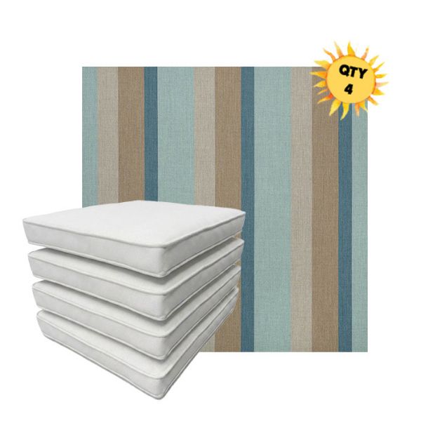 Bundle of 4 Boxed Double Piped Patio Dining Chair Cushions with Ties in Sunbrella Fabric