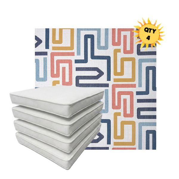 Bundle of 4 Boxed Double Piped Patio Dining Chair Cushions with Ties in Sunbrella Fabric