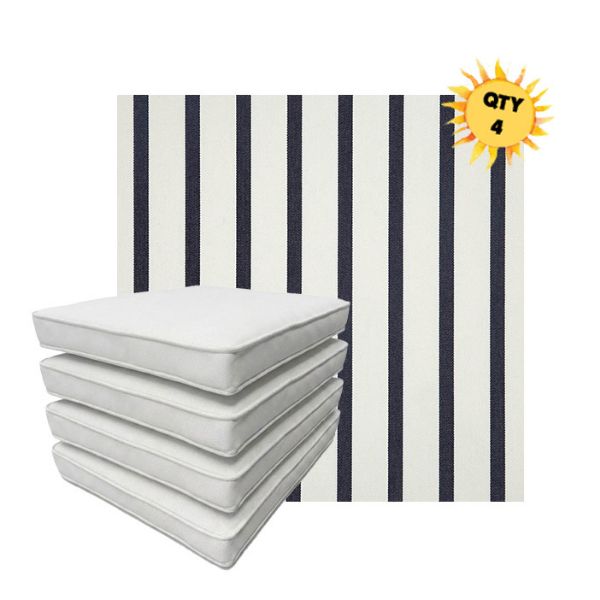 Bundle of 4 Boxed Double Piped Patio Dining Chair Cushions with Ties in Sunbrella Fabric