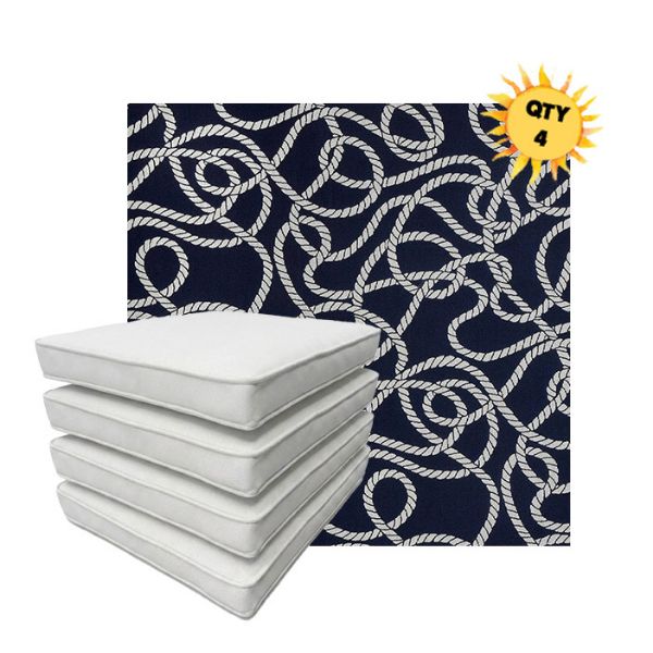 Bundle of 4 Boxed Double Piped Patio Dining Chair Cushions with Ties in Sunbrella Fabric