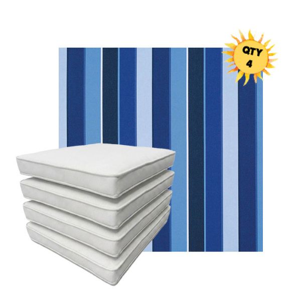 Bundle of 4 Boxed Double Piped Patio Dining Chair Cushions with Ties in Sunbrella Fabric