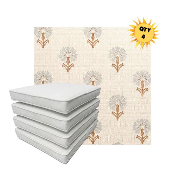 Bundle of 4 Boxed Double Piped Patio Dining Chair Cushions with Ties in Sunbrella Fabric