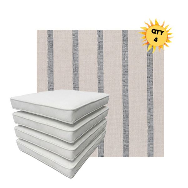 Bundle of 4 Boxed Double Piped Patio Dining Chair Cushions with Ties in Sunbrella Fabric