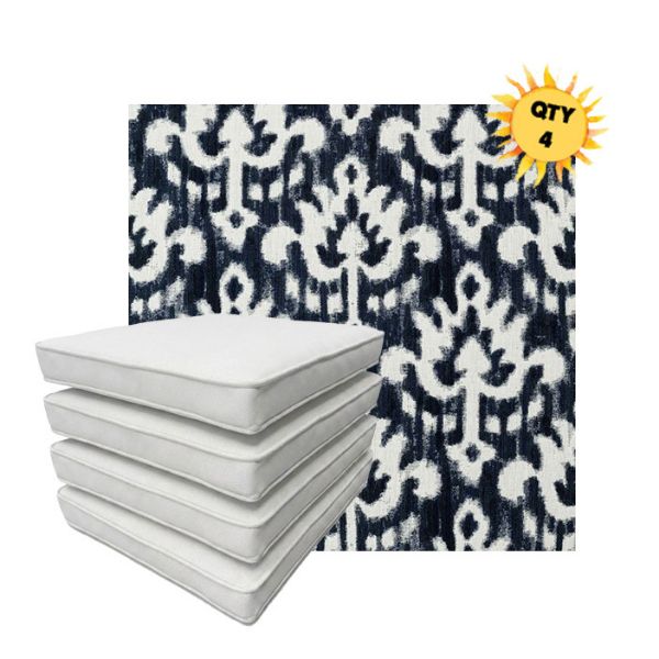 Bundle of 4 Boxed Double Piped Patio Dining Chair Cushions with Ties in Sunbrella Fabric