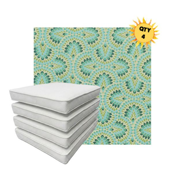 Bundle of 4 Boxed Double Piped Patio Dining Chair Cushions with Ties in Sunbrella Fabric