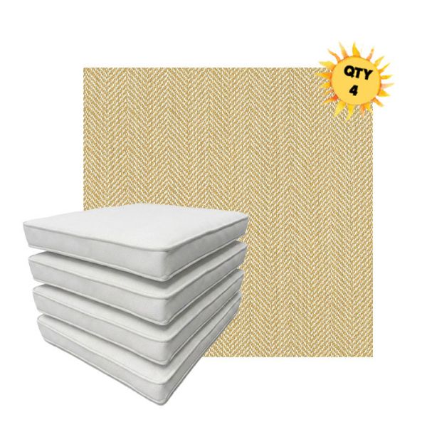 Bundle of 4 Boxed Double Piped Patio Dining Chair Cushions with Ties in Sunbrella Fabric