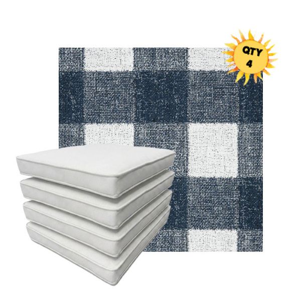 Bundle of 4 Boxed Double Piped Patio Dining Chair Cushions with Ties in Sunbrella Fabric