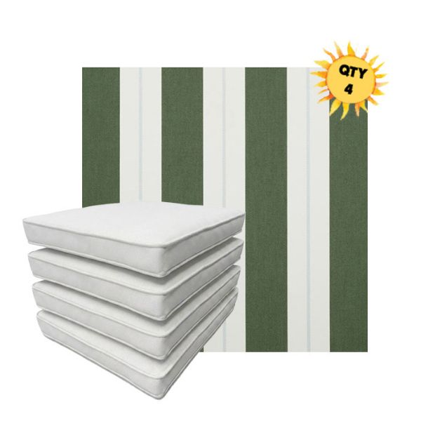 Bundle of 4 Boxed Double Piped Patio Dining Chair Cushions with Ties in Sunbrella Fabric