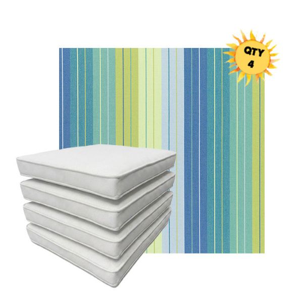 Bundle of 4 Boxed Double Piped Patio Dining Chair Cushions with Ties in Sunbrella Fabric