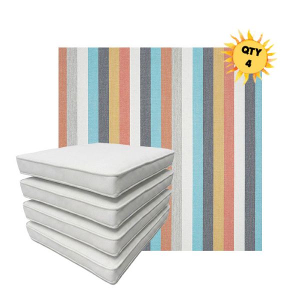 Bundle of 4 Boxed Double Piped Patio Dining Chair Cushions with Ties in Sunbrella Fabric