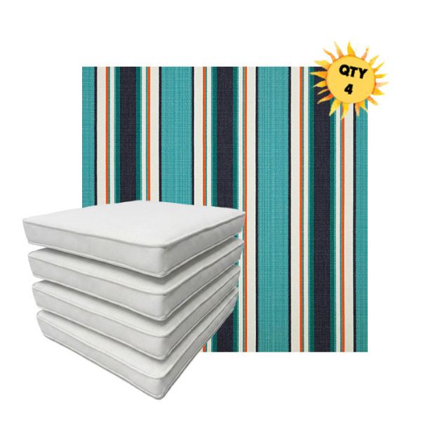 Bundle of 4 Boxed Double Piped Patio Dining Chair Cushions with Ties in Sunbrella Fabric