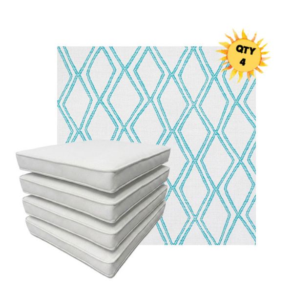 Bundle of 4 Boxed Double Piped Patio Dining Chair Cushions with Ties in Sunbrella Fabric