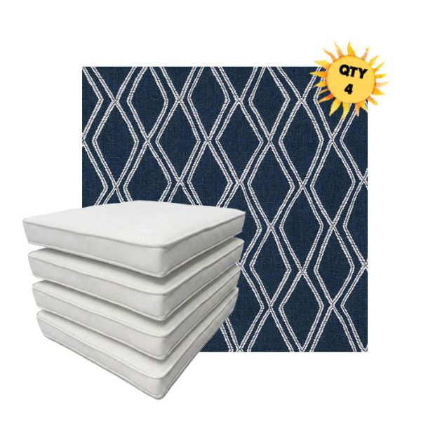 Bundle of 4 Boxed Double Piped Patio Dining Chair Cushions with Ties in Sunbrella Fabric