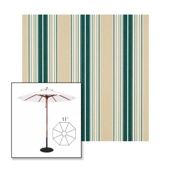 Picture of Forest Green Beige Natural Fancy | 11' Wood Frame Market Umbrella Sunbrella® Awning Fabric