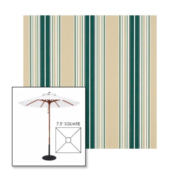 Picture of Forest Green Beige Natural Fancy | 7.5' Wood Square Frame Market Umbrella Sunbrella® Awning Fabric