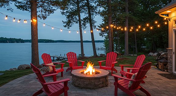 Adirondack Chairs Around A fire Pit. Added comfort with Sunbrella Adirondack Chair Cushions