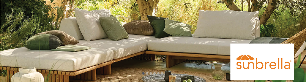 Made-to-order Sunbrella cushions shown on outdoor deep seating set – stylish and weather resistant